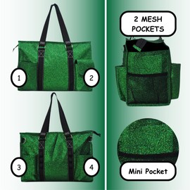 NGIL Glitter Utility Water Resistant Zippered Lined Tote Bag, Multi Pocket Organizer, Perfect for Teachers, Nurses (Glitter-Green)