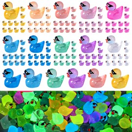 LRNESTO 100 Pcs Mini Ducks to Hide Luminous, Tiny Ducks with Sunglasses Miniature Ducks for Dollhouse Family Crafts Aquarium Garden Landscape Ornament Potted Decorations DIY Accessories(10 Colors)