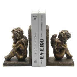 Lukitas Angel Book Ends, Heavy Duty Decorative Bookends, Nonskid Book Stoppers, Creative Ornaments for Study Room Office Home Decor, Resin, Retro Gold, 1Pair/2Piece