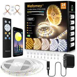 Wefomey White LED Strip Lights, 100ft Dimmable Bright 24V Led Tape Light with Remote and App Control, 2700K-6500K White 1440 LEDs Lights for Bedroom, Kitchen, Ceiling (1 Rolls of 100ft)