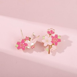 KaminoKa Cherry Blossom and Folding Cranes, Pin Badge, Illustration Style, Japanese Design, Set of 3 (1 Crane, 2 Cherry Blossoms)