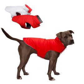 Furhaven Water-Repellent & Reversible Medium Dog Coat, Washable & Reflective w/ Leash Access, Pocket, & Carry-On Purse - Puffer Dog Jacket - Red, Medium