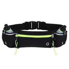 WYEWYE Green Nylon Webbing Running Belt with Water Bottle (2 x 175ML), Reflective Non-Slip Adjustable Sports Waist Pouch for Marathon Running Hiking Cycling