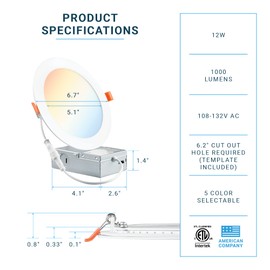 PARMIDA (12 Pack) 6 Inch Dimmable 5CCT Ultra-Thin LED Recessed Ceiling Light with Junction Box, 5 Color Selectable 2700K/3000K/3500K/4000K/5000K, 12W, Canless Wafer Slim Panel Downlight, IC Rated, ETL
