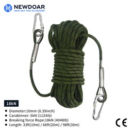NewDoar Climbing Rope 8(5/16in),10mm (3/8in), High Strength Accessory Cord Rope with 2 Steel Hooks, for Outdoor Rescue Rappelling Rope Down Cliffs ledges Safety Escape Tow Strap Equipment(ArmyGreen)