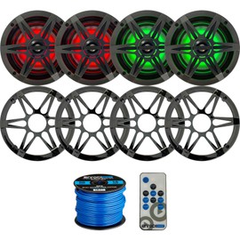 2 Pairs (QTY 4) of Enrock Marine 6.5" 120W Waterproof 2-Way Coaxial Speakers with MultiColor LED Lighting - Bundle Combo with Chrome/Charcoal Grilles, LED Remote Control, 50Ft 16-Gauge Speaker Wire