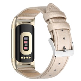 Tuocal Genuine Leather Bracelet Compatible with Charge 5 Bracelet for Men and Women, Soft Breathable Genuine Leather Replacement Wristband Sports Bracelet for Charge 5 Activity Tracker, Champagne