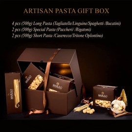 MARULO Pack of 8, Artisan Italian Gourmet Homemade Pasta Gift Basket Box Set, Gourmet Bronze Cut Pasta Set, Luxury Gold Line Box, (Tagliatelle, Linguine Spaghetti Oplontini, Bucatini, Paccheri & More)
