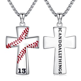 Swordgod Baseball Cross Necklace for Men S925 Sterling Silver Baseball Bat Cross Pendant Never Give Up I Can Do All Things Sport Fans Jewelry Gift for Christmas Father Husband Brother Son