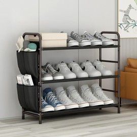 SUOERNUO Shoe Rack Storage Organizer Free Standing Metal Shoe Shelf Compact Shoe Organizer with Side Bag for Entryway Closet Bedroom 3 / 4/ 5 / 6 Tier - Color: 4 Tier-Black
