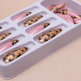 Almond Press on Nails Medium Fake Nails Gold Leopard Acrylic Nails French Tip Press on Nails with Glitter Glue on Nails Shiny Artificial Nails for Women Manicure 24Pcs