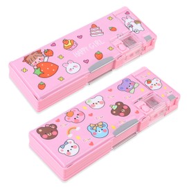 LilyBeauty 【2Pack】 Pop Up Multi function Pencil Case for Girls and Boys, Cute Cartoon Pen Box Organizer Stationery with Sharpener, Schedule, Best Birthday Gifts for Kids(Bear+Strawberry)