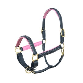 SIE Padded Leather Horse Halter with Brass Hardware and Raised Fancy Stitching (Black with Pink Padding, Cob)