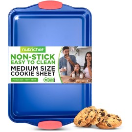 Nutrichef 15” Nonstick Cookie Sheet for Baking - Premium Grade Carbon Steel Non-Stick Baking & Roasting Pan w/ Silicone Handles - Dishwasher Safe, Blue