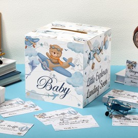 Teling 51 Pieces Diaper Raffle Tickets with Card Box Baby Shower Decorations Baby Shower Holder Box for Girl Boy Diaper Raffle Party(Airplane Style)