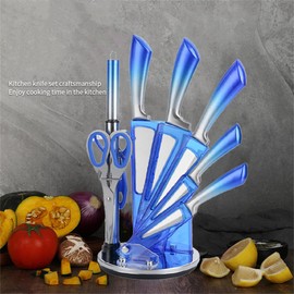 Knife Set Stainless Steel Cleaver Knives Set with Rotatable Acrylic Storage Block Sharpener Sharp Cutlery Kitchen Knife Block Set Chef Cooking Cutting Knives (Blue)