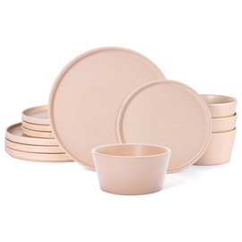 Dinnerware Sets for 4 - CJDC-QUELO 12-Piece Stoneware Plates and Bowls Sets, Ceramic Dishware Sets for Kitchen Use and Formal Dining, Chip and Scratch Resistant Microwave Dishwasher Safe, Brown