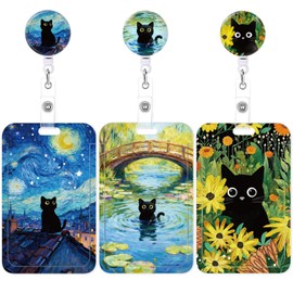 3PCS Black Cat Badge Reel with ID Badge Holder Heavy Duty Retractable Reel Badge Clip Cat Badge Holder with Name Tag Card Holder for Nurse Teacher Student Office Women Men