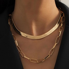 Wendalern Goldene Schlangenkette Choker-Halskette Klobige Büroklammer-Kette Halskette Geschichtet Flach Fischgrät-Kette Halskette Hip-Hop-Schmuck Für Frauen Und Mädchen