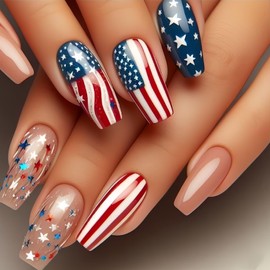 24Pcs Independence Day Glitter Stars Press on Nails Medium Square 4th of July Nude Fake Nails American Flag Design False Nails Full Cover Stick on Nails Memorial Day Nails for Women Nail Decoration