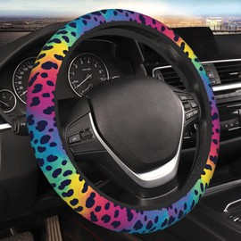 KIOWEIR Fusion Colorful Leopard Skin Steering Wheel Cover Elastic Stretch Auto Car Wrap Cover Anti-Slip and Sweat Car Accessories Protector Universal 15 Inch for Cars SUV Vehicle Truck