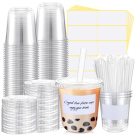 Ziliny 50 Sets Crystal Clear Plastic Cups with Lids, Straws and Stickers, Disposable Iced Coffee Cups Thickened PET for Iced Coffee, Bubble BobaTea, Smoothie, Cold Drinks, Juice, Shops (12 oz)