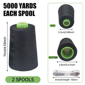 FOGAWA 2 Spools 5000 Yards Overlocking Sewing Machine Polyester Thread Sewing Thread Overlocker Thread 40S/2 Black Sewing Thread Cones with Measuring Tape for Hand and Machine Sewing Crafts
