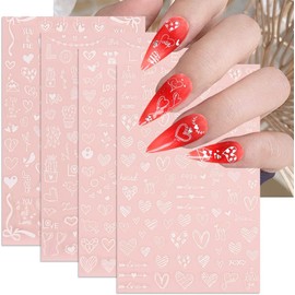 CEWEWP Valentine Heart Nail Art Stickers White Valentine’s Day Nail Decals 3D Self Adhesive Love Letter Nail Stickers for Women Girls DIY Nail Decoration 4Sheets