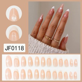 24 pieces long fake nail French manicure ready press on nails, elegant finished fingernails art pink artificial nails for sticking on set