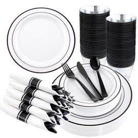 WELLIFE 210Pcs Black Plastic Plates - Black Plates with Pre Rolled Napkins, Include:50 Black Dinner Plates, 30 Black Dessert Plates, 30 Black Paper Napkins, 30 Black Cups, 90 Black Plastic Cutlery