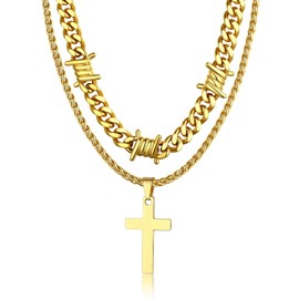 Bandmax Gold Plated Barbed Wire Chain Choker Necklace Set Faith Cross Pendant Necklace Punk Rock Gothic Thorns Cross Chain Necklace Set for Men Women