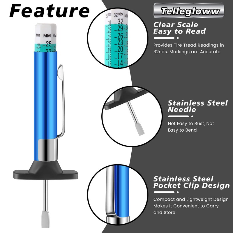 Tellegloww 50 Packs Tire Tread Depth Gauge Color Coded Tyre
