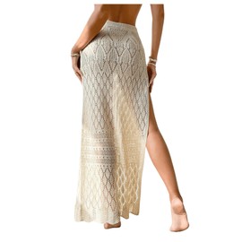 SHENHE Women's Crochet Swim Cover Up High Slit Sheer Long Beach Skirt Cover Up, Apricot, Small