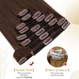 Elailite Clip-In Real Hair Extensions, 8 Wefts, Full Head, #4 Medium Brown, Real Human Hair, 25 cm - 110 g