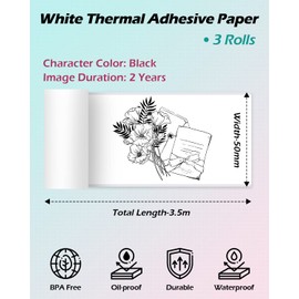 Phomemo White Adhesive Thermal Sticker Paper 50mm, Compatible With Phomemo T02/M02/M02S/M02 PRO/M04S/M04AS Mini Thermal Printer, Black Text, 3 Rolls, Suitable For Notes, List, Sticker