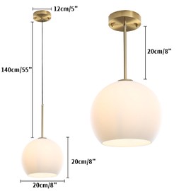 Modern Globe Pendant Light Fixtures, Mid-Century Glass Globe Flush Mount Ceiling Light, Rustic Light Pendant Lights Kitchen Island Dinning Hanging Pendant Light ﻿ (Gold-Frosted White, 20cm/8”)