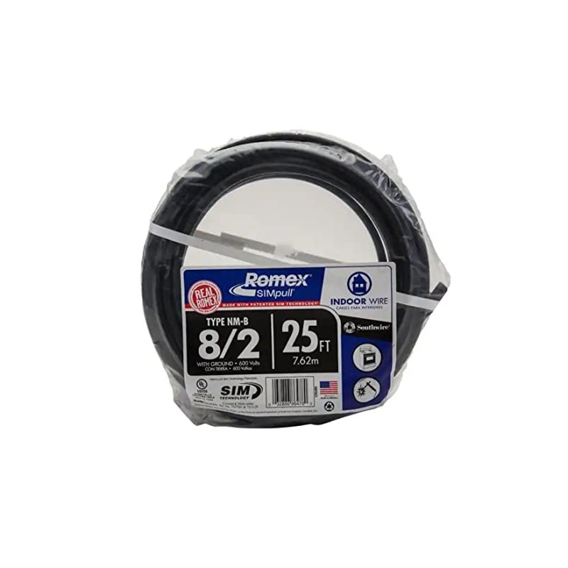 Southwire 28893621 8/2 AWG 25ft. Nonmetallic With Ground Sheathed Cable,
