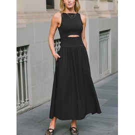 CUPSHE Summer Dress for Women 2024 Formal Sleeveless Round Neck Cutout Pockets Casual A Line Maxi Dress Black, XL