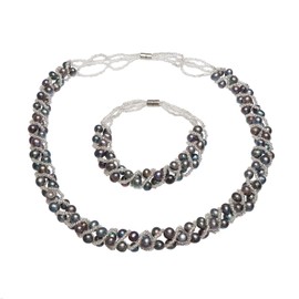 Treasure Bay Elegant Natural Freshwater Pearl Jewellery Set Necklace, Bracelet and earrings, Womens Pearl Tri-set (Black)