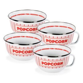 Golden Rabbit Enamelware Popcorn Bowls with Handle, 24 ounce, Showtime, Set of 4
