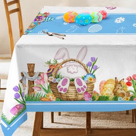JNDJE Easter Tablecloth 52×70 Inch, Easter Decorations Bunny Eggs Tulip Table Cloth for Rectangle, Easter Decor Blue Truck Tablecloths Polyester Vintage for Picnic Party Dinner