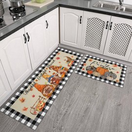 Qeenking Fall Pumpkin Kitchen Rugs Sets of 2,Autumn Gnome Buffalo Plaid Maple Leaves Farmhouse Mats for Floor,Thanksiving Non Slip Holiday Decor Mat for Sink, Laundry, Office 17"x 47"+17"x 30"
