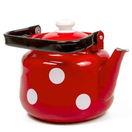 Enameled Tea Kettle Red White Polka-dot Enamelware Kettle 3.7-qt. (3.5 L) Serving Kettle