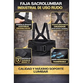 Faja Sacrolumbar Industrial para Hombre con Tirantes Ajustables – Soporte Lumbar para Carga Pesada, Trabajo Rudo, Construcción y Almacén – Faja de Seguridad Ergonómica (Negro) (Talla L)