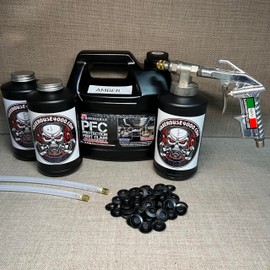 Gallon PFC Amber, Pro Undercoating Spray Gun, 3 Black Quart Bottles, 2 Wands, and 50 Rust Plugs