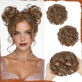 2PCS Small Messy Bun Hair Pieces for Thin Hair to Add Volume Synthetic Curly Bun Scrunchies with Elastic Band Lightweight Updo Hairpieces for Women Daily Use - Blonde & Medium Brown