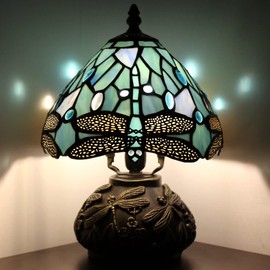 SYETL Small Tiffany Lamp Mini Stained Glass Table Lamp Sea Blue Dragonfly Style Mushroom Desk Light Memory Sympathy Lamp 8X11 Inch