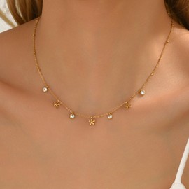 RATVIU Flower Necklaces for Women 18K Gold Plated Flower Choker Necklace Cute Beads Diamond Pendant Necklace Dainty Everyday Jewelry