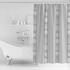 Shower Curtain Summer Starfish Seashell Coral Grey and White Striped Waterproof Shower Curtain with Hooks Washable Fabric Shower Curtains for Bathroom, Hotel, Stalls, Bathtubs, 66x72 Inch