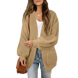 MEROKEETY Women's 2025 Open Front Chunky Cardigans Lantern Long Sleeve Oversized Knit Outwear with Pocket, LightKhaki, L